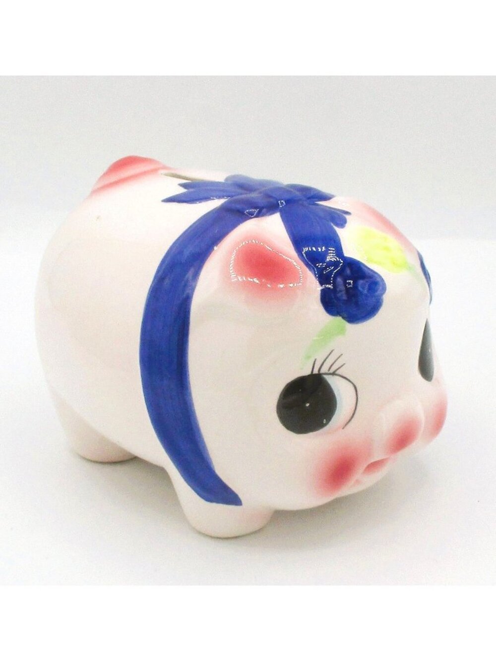 Vtg 1960s Ceramic Piggy Bank Lrg Painted Eyes Kitch Blue Bow     I